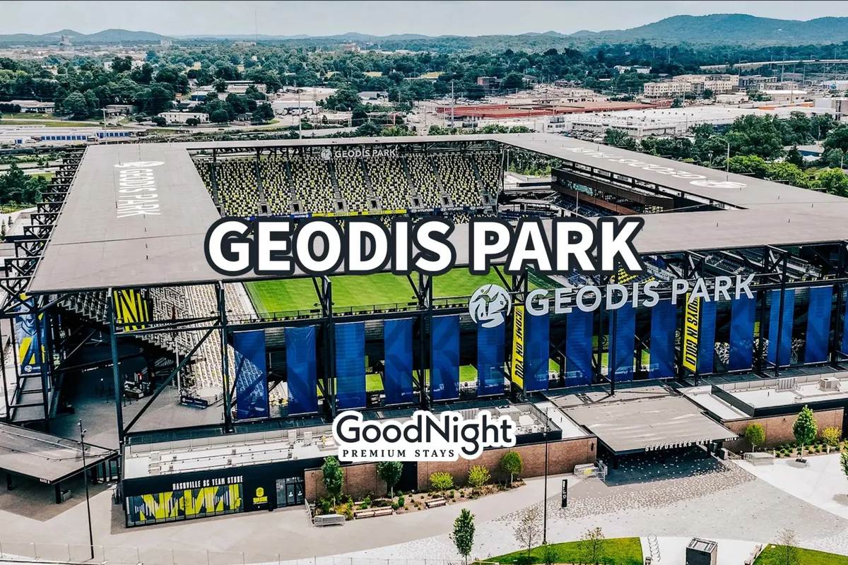 An exterior view of GEODIS Park, highlighting stadium seating, a lush green field, and scenic surroundings. The image evokes the energy of live events, concerts, and social gatherings in Nashville.