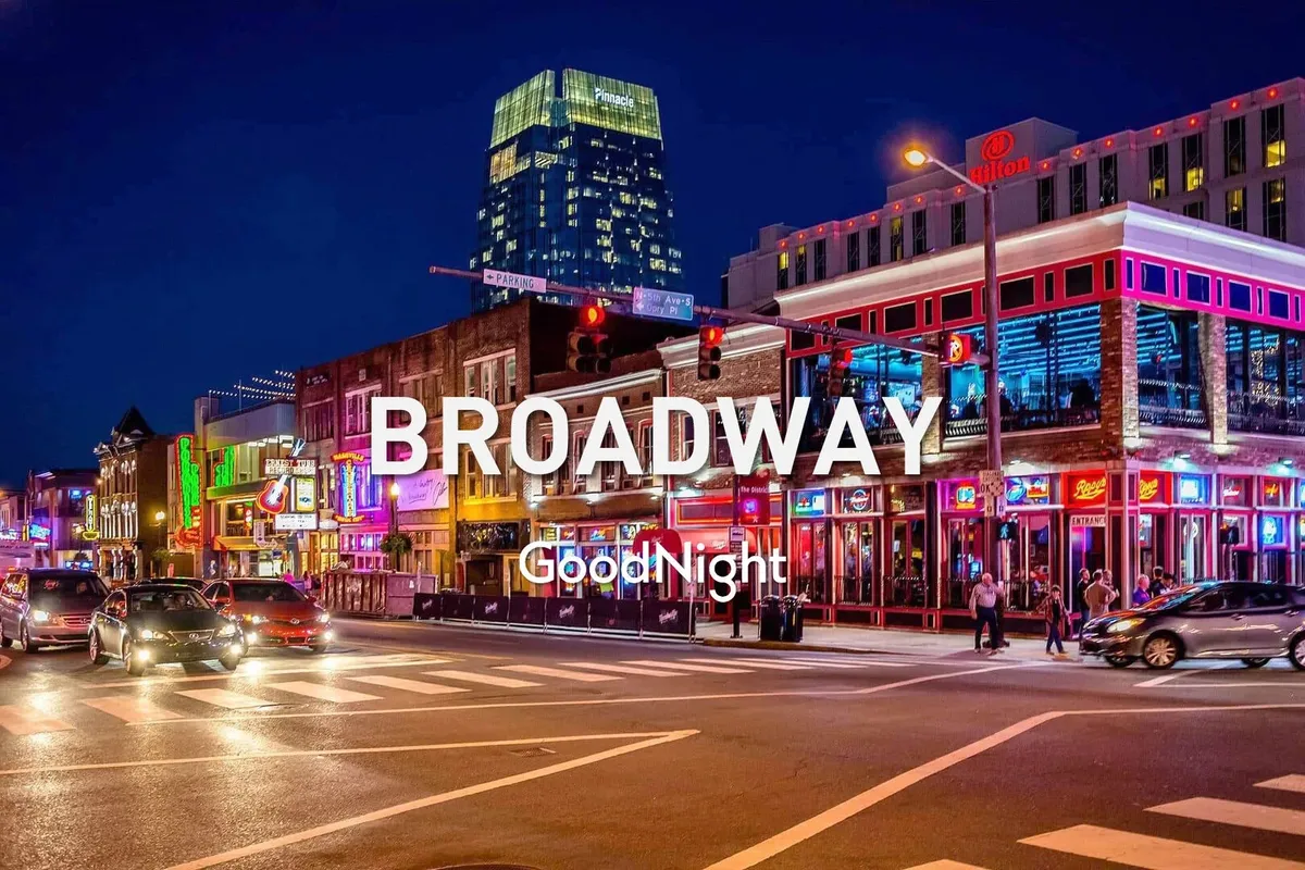 A bustling nighttime street scene showcasing neon lights, people walking, cars in motion, and high-rise buildings. The mood is energetic, highlighting the pulse of the city’s nightlife, live music, and entertainment.