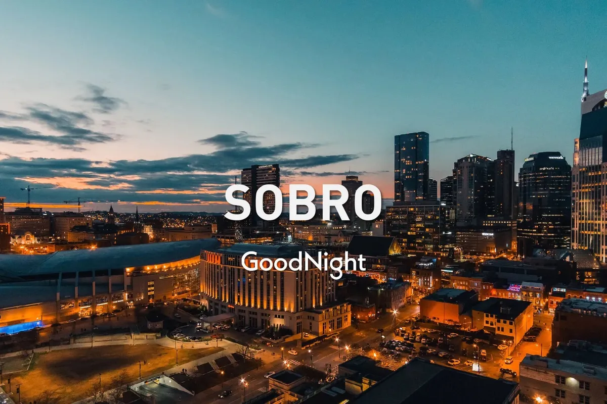 A sweeping evening view of Nashville's city skyline, with twinkling lights and a vibrant sunset sky, capturing the city's lively nightlife atmosphere. The perspective invites viewers to imagine exploring the city's bustling energy and its array of entertainment options.